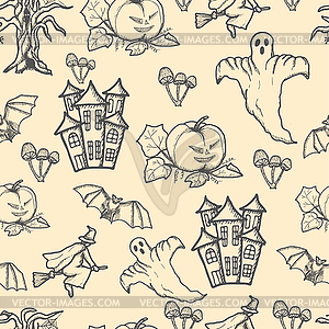 Doodle Halloween seamless pattern. Black pen object - vector image