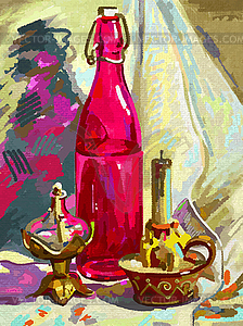 Original digital still life with bottle, candle - vector image