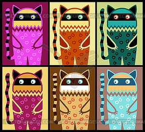 Six colored fantasy cat pattern - vector clip art