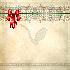 Holiday background with red ribbon on old paper - vector image