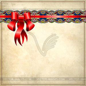 Holiday background with red ribbon on old paper, - vector image