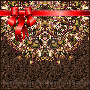 Holiday ornate floral background with red ribbon, - vector clipart