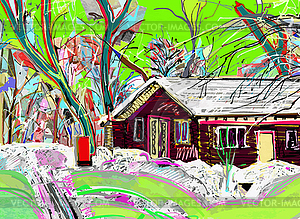 Digital painting of winter landscape - vector clipart