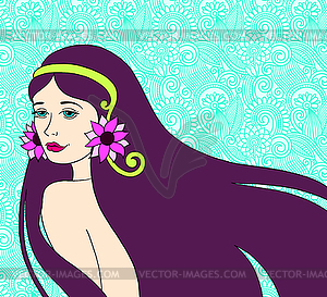 Beautiful brunette girl on floral background - vector image