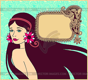 Beautiful brunette girl on floral background with - vector clipart