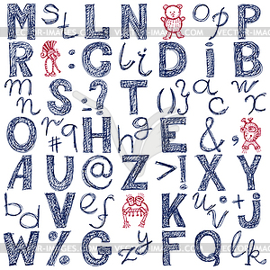 Hand drawing blue doodle alphabet design - vector image