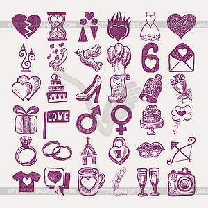 36 hand drawing doodle icon set, wedding sketchy - vector clipart