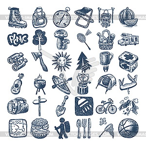 Sketch doodle icon collection, picnic, travel and - vector image
