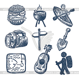 Sketch doodle icon collection, picnic, travel and - vector clip art