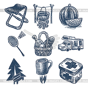 Sketch doodle icon collection, picnic, travel and - vector clipart