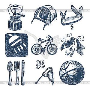 Sketch doodle icon collection, picnic, travel and - vector image