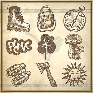 Sketch doodle icon collection, picnic, travel and - vector image