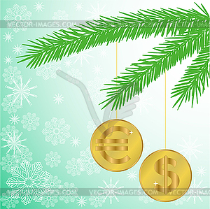 Christmas tree branch with coins - vector clip art