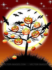 Halloween pumpkins tree on night background with - vector clip art