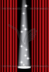 Красный занавес театра с рампы на сцене, - векторизованный клипарт