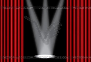 Red theater curtain with spotlight on stage - vector image