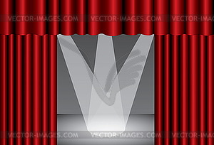 Red theater curtain with spotlight on stage, - vector image