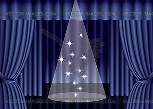 Blue theater curtain with spotlight on stage - vector clipart
