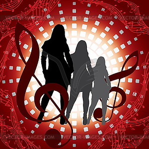 Music background with notes and girls - vector clipart