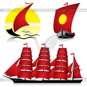 Ships red sail - vector image