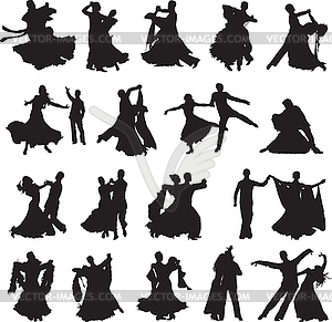 Silhouettes of couples dancing waltz - vector clipart