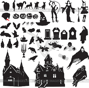 Набор силуэтов символизирующих Хэллоуин - векторный клипарт / векторное изображение