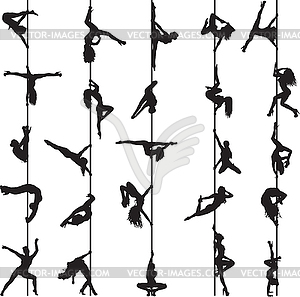 Set of silhouettes of dancers on rope - white & black vector clipart