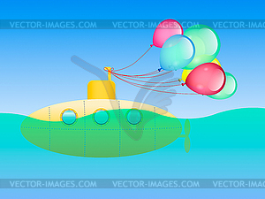 Yellow submarine and festive balloons - vector clip art