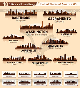 Набор линий горизонта 10 городов США - векторная иллюстрация