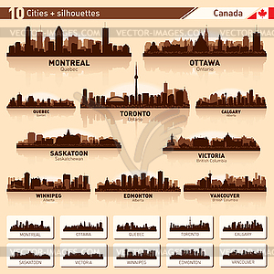 City skyline set. 10 city silhouettes of Canada  - vector image