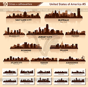 City skyline set. 10 city silhouettes of USA  - vector image