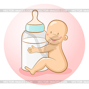 Baby with bottle - color vector clipart