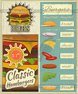 Burgers Menu Set Retro - vector image