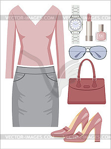 Fashion set with a skirt and a sweater - color vector clipart