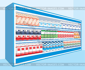 Supermarket shelves with dairy products - vector clipart