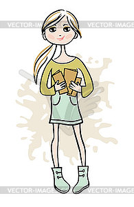 Hand drawn girl with books - vector clip art
