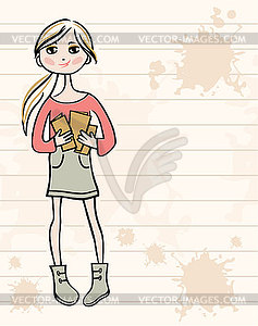 Hand drawn girl with books - vector image