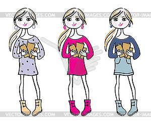 Hand drawn girls with books - vector clipart