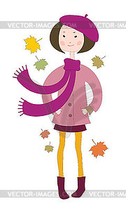 Hand drawn little girl in a coat with a scarf - vector clipart