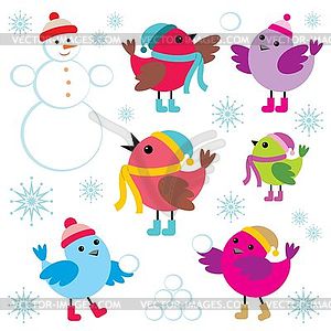 Set of winter birds and snow man - vector clipart