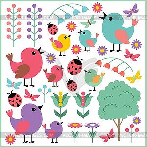 Scrapbook elements with birds and insects - vector clip art