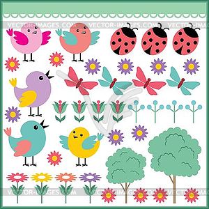 Scrapbook elements with birds and insects - vector clipart