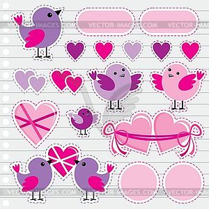 Scrapbook elements with hearts and birds - color vector clipart