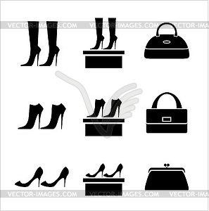 Черные иконки женских сумок и обуви - векторный рисунок