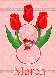 Greeting card with bouquet of red tulips - vector clipart