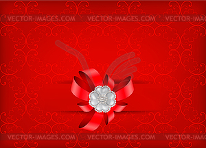 Ornate greeting card with bow and pearl beads - vector clip art