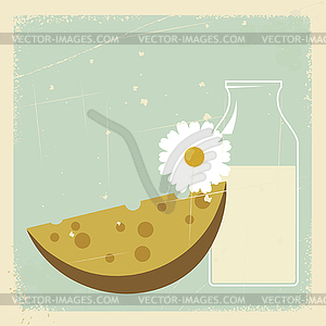 Vintage postcard with bottle of milk and cheese. - vector image