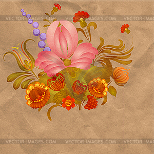 Petrikov painting. Vintage floral ornament on old - vector image