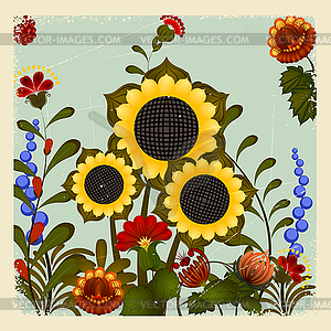 Traditional Ukrainian ornament with sunflower on - color vector clipart