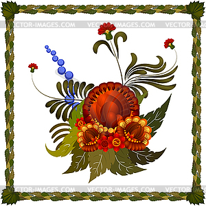 Floral arrangement with frame of leaves. - vector clip art